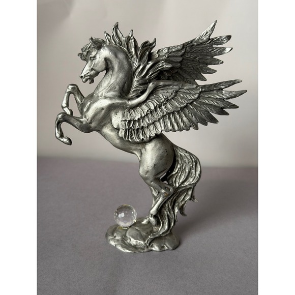 Vintage Pewter Pegasus Figurine Rearing Winged Horse Crystal Ball Fantasy Decor - Picture 5 of 10